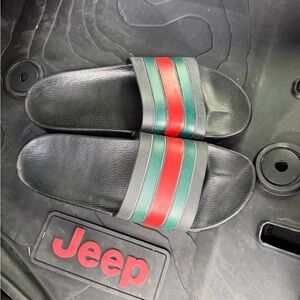 Men's Black Slide Sandals with Red & Green Stripes